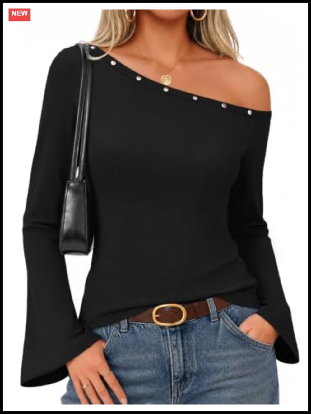 Off Shoulder Bell Sleeve Top Asymmetrical Neckline Rivets Cinched Waist